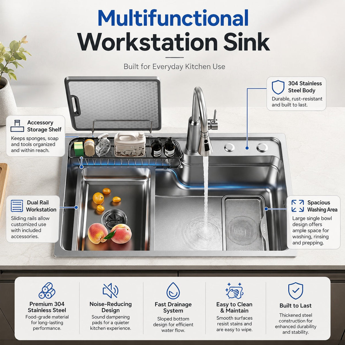 Kyoto Japanese Stainless Steel Workstation Kitchen Sink