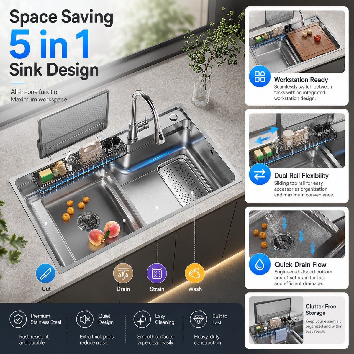 Kyoto Japanese Stainless Steel Workstation Kitchen Sink